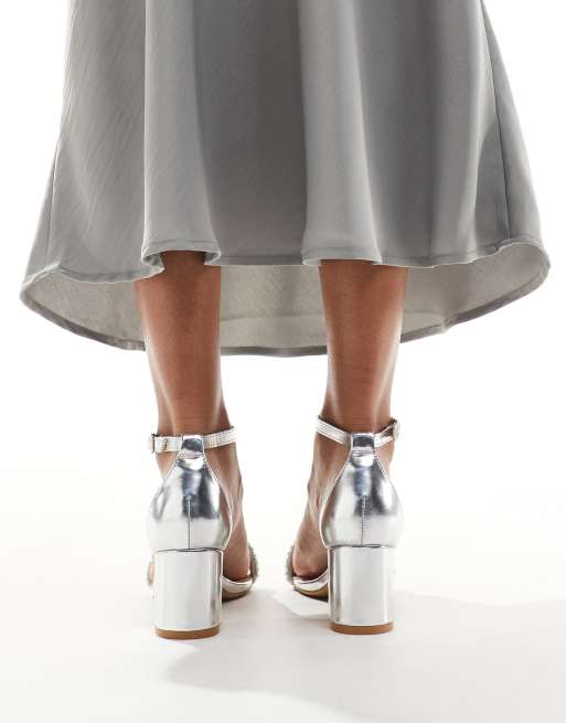 Truffle Collection block heel embellished strap sandals in silver, 3 of 4