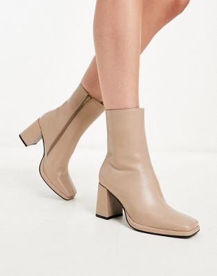 Truffle Collection block heel square toe ankle boots in taupe
