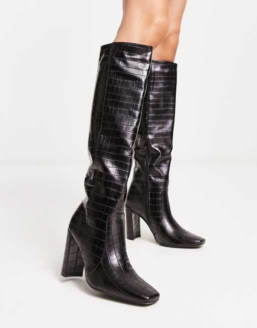 Truffle Collection Bottes montantes effet croco talon et bout carr Noir