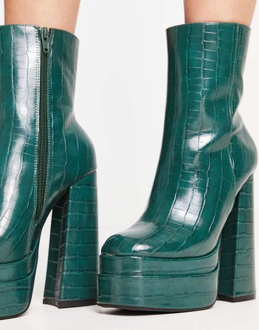 Truffle Collection Bottines talon haut et double semelle plateforme effet croco Vert