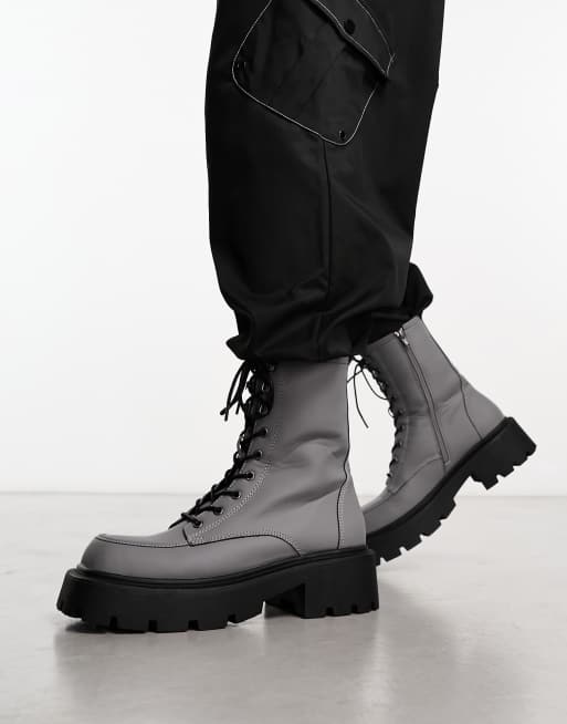Truffle Collection - Bottines chunky à lacets et bout carré - Gris