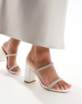 Bridal block heel embellished strap mules in white