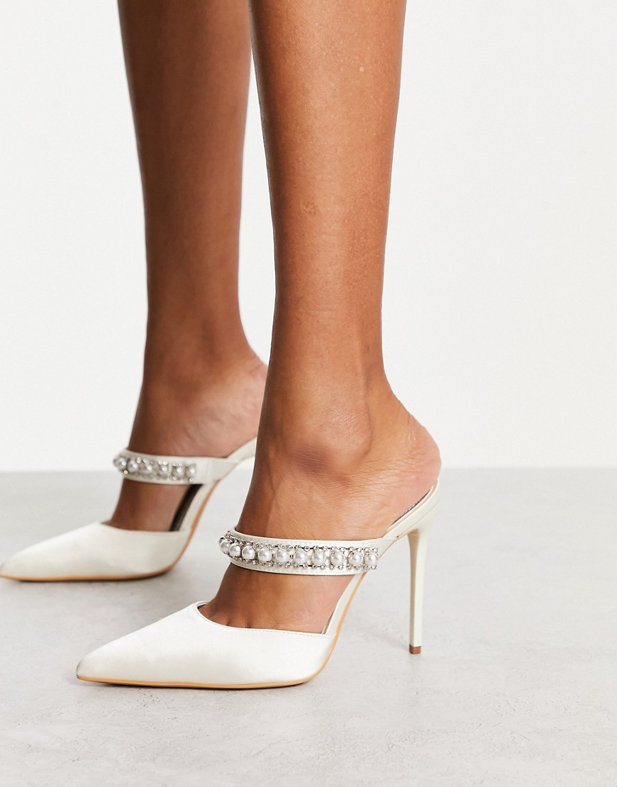 Truffle Collection bridal heeled mules with pearl embellishment in white