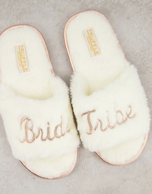 Truffle Collection bride tribe slogan slippers in white