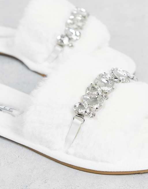 Truffle Collection - Bruidskleding - Versierde, pluizige pantoffels in wit 