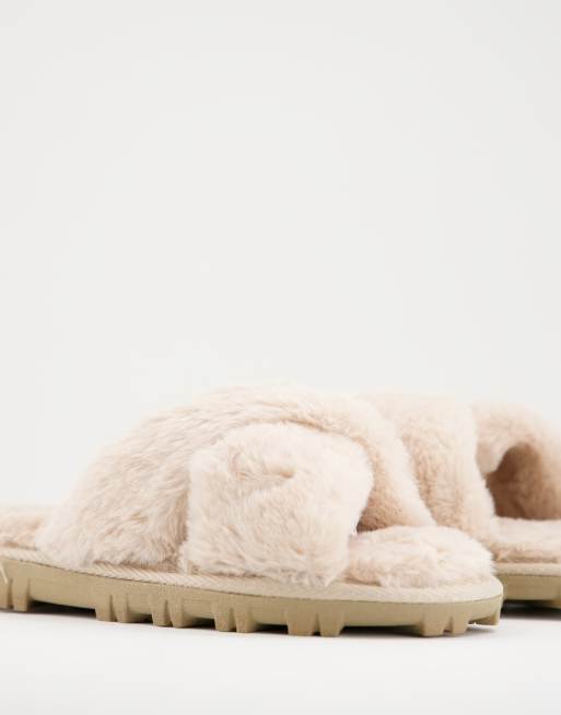 Truffle Collection – Brungrå innetofflor med fluffiga, korsade remmar och grov sula, 4 av 4