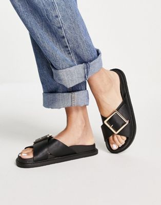 Truffle Collection chunky buckle sliders in black