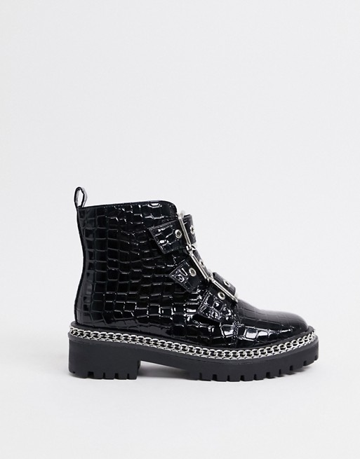 Truffle Collection buckle military boots in black with chain detail