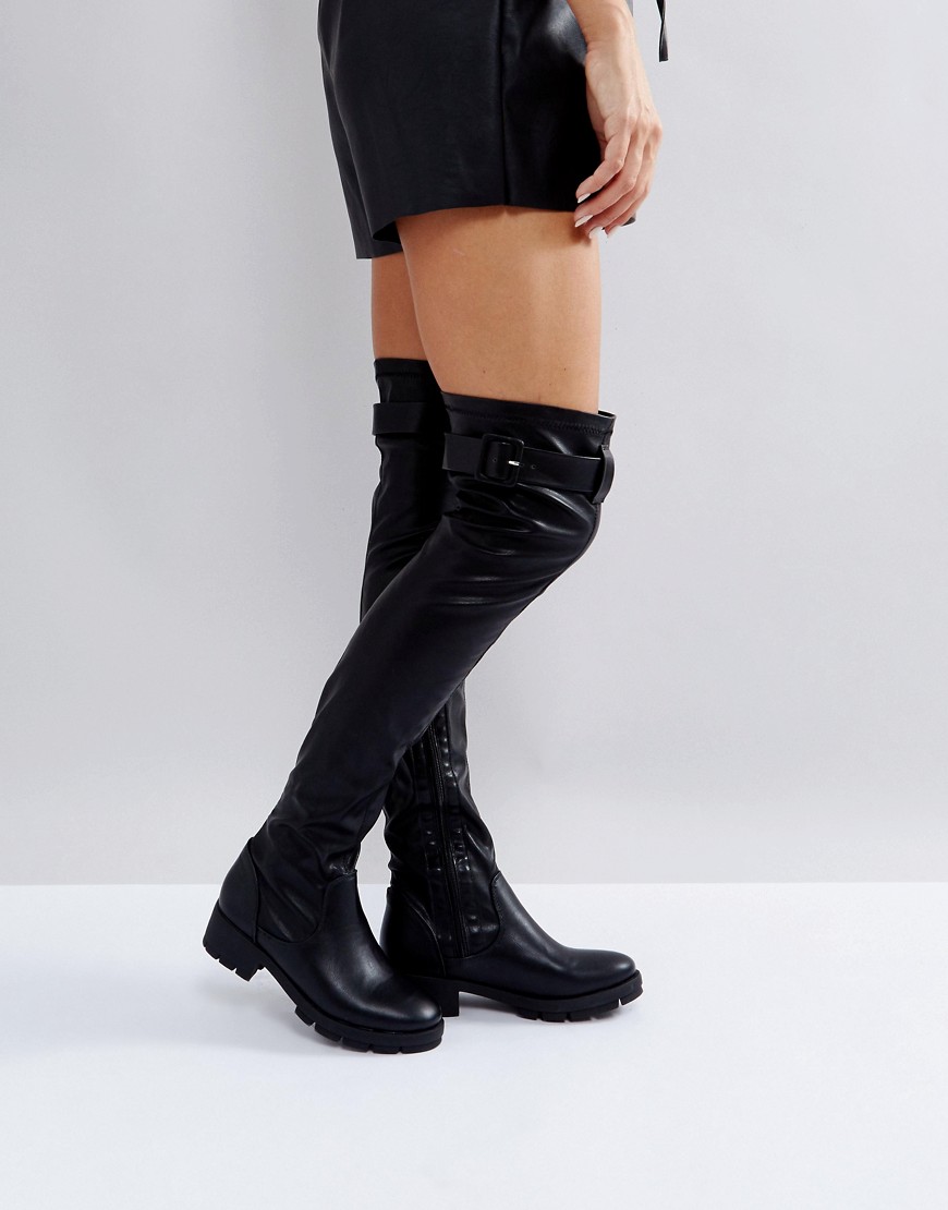 Truffle Collection Buckle Trim Stretch Over Knee Boot-black
