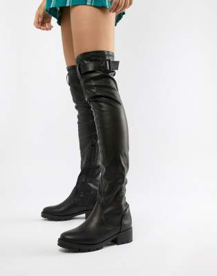 Truffle Collection Buckle Trim Stretch Over Knee Boots-black