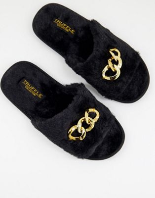 Truffle Collection chain detail fur slippers in black