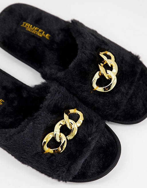 Truffle Collection chain detail fur slippers in black | ASOS