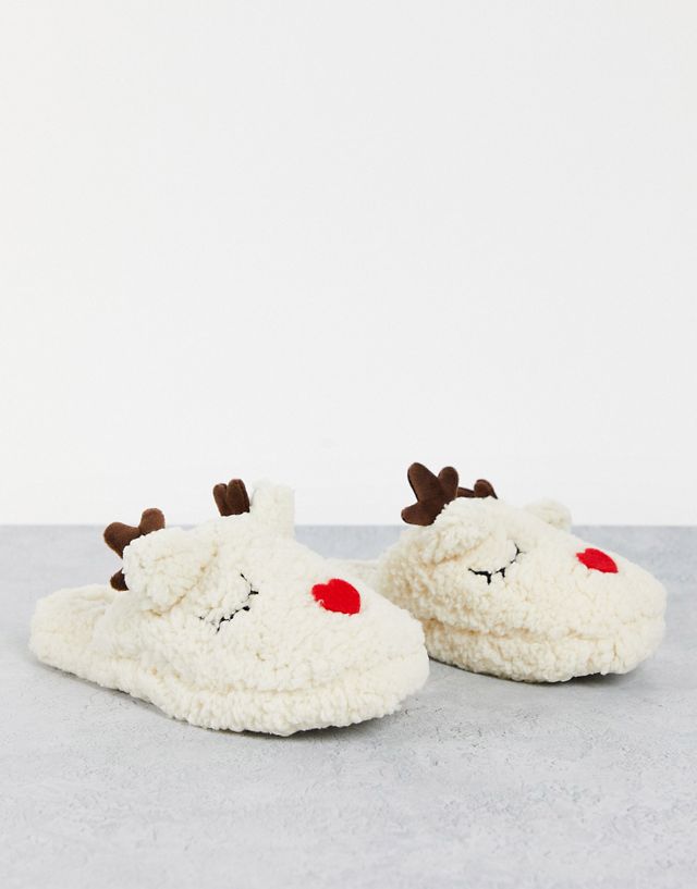 Truffle Collection christmas reindeer slippers in cream