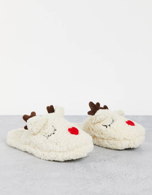 christmas reindeer slippers in cream | ASOS