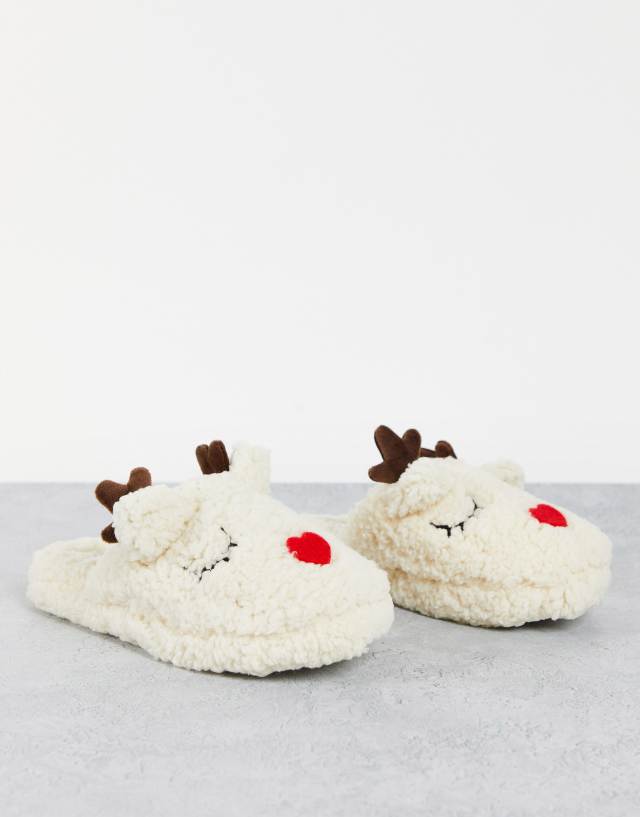 Truffle Collection christmas reindeer slippers in cream