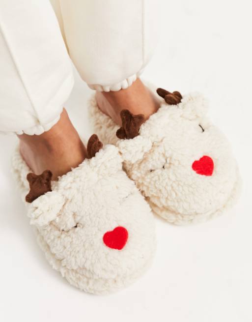 christmas reindeer slippers in cream | ASOS