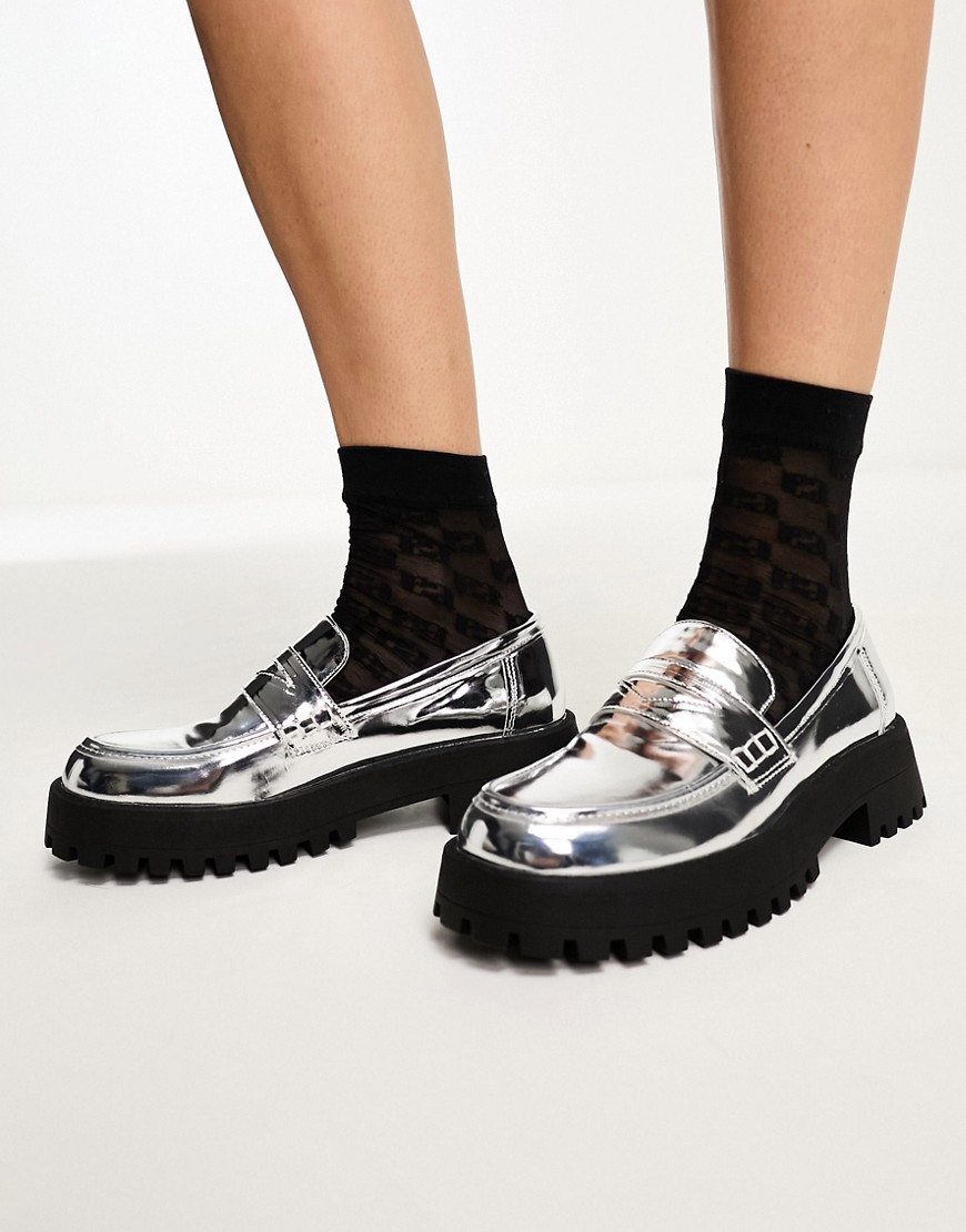 Truffle Collection chunky apron loafer in silver metallic