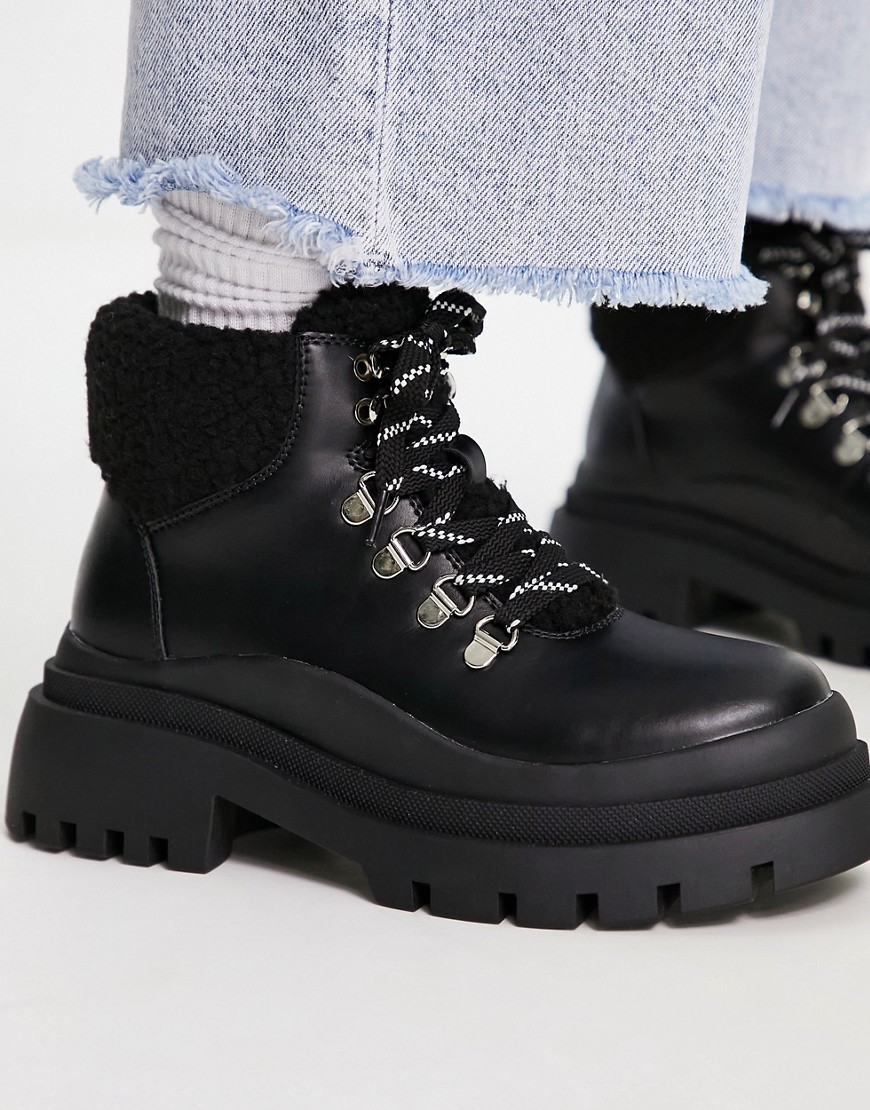 Truffle Collection chunky borg lined hiker boots in biker-Black