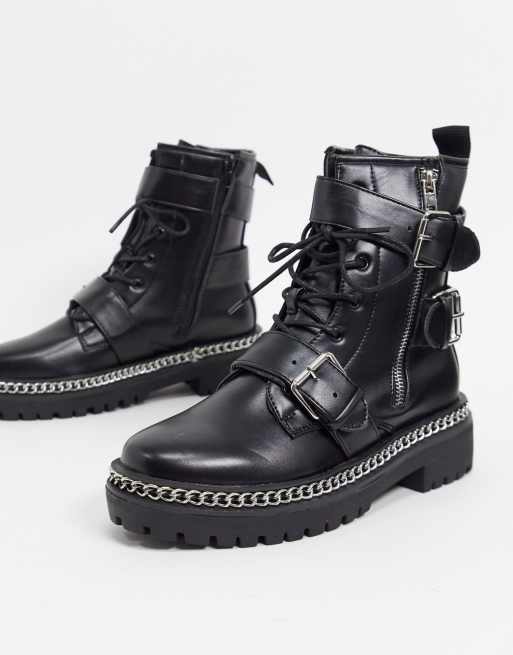 truffle collection wide fit chunky lace up boots in black