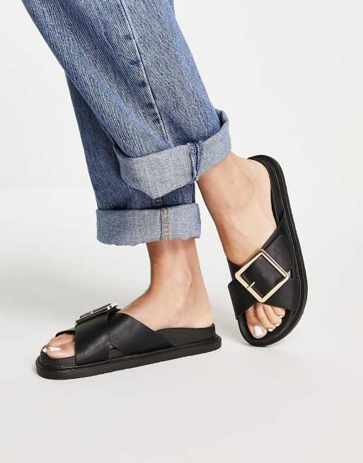 Truffle Collection chunky buckle sliders in black ASOS