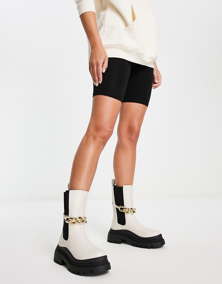 Truffle Collection chunky chain chelsea boots in cream-Green