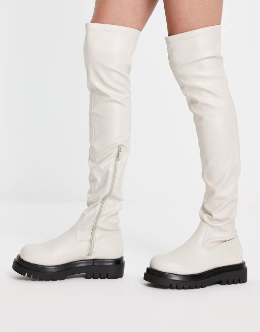 Truffle Collection - Chunky cremefarvede overknee-støvler med stretch, 4 af 4