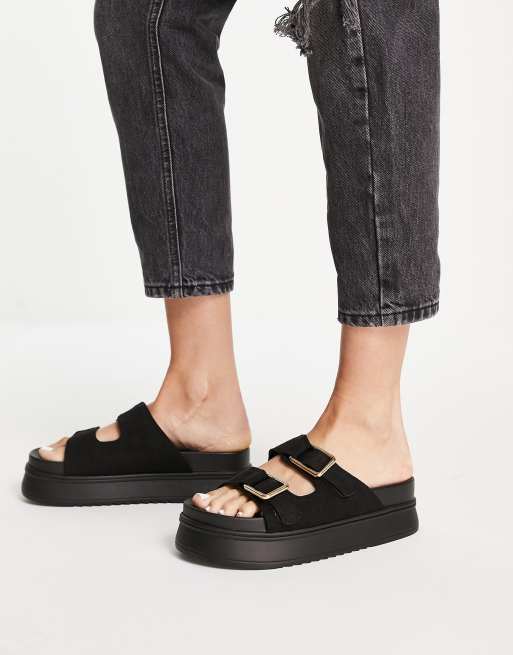 Truffle Collection - Chunky flatform-sliders med dobbeltspænde i sort