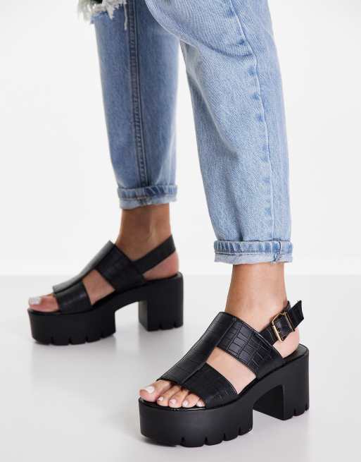 Truffle Collection chunky heel sandals in black croc | ASOS