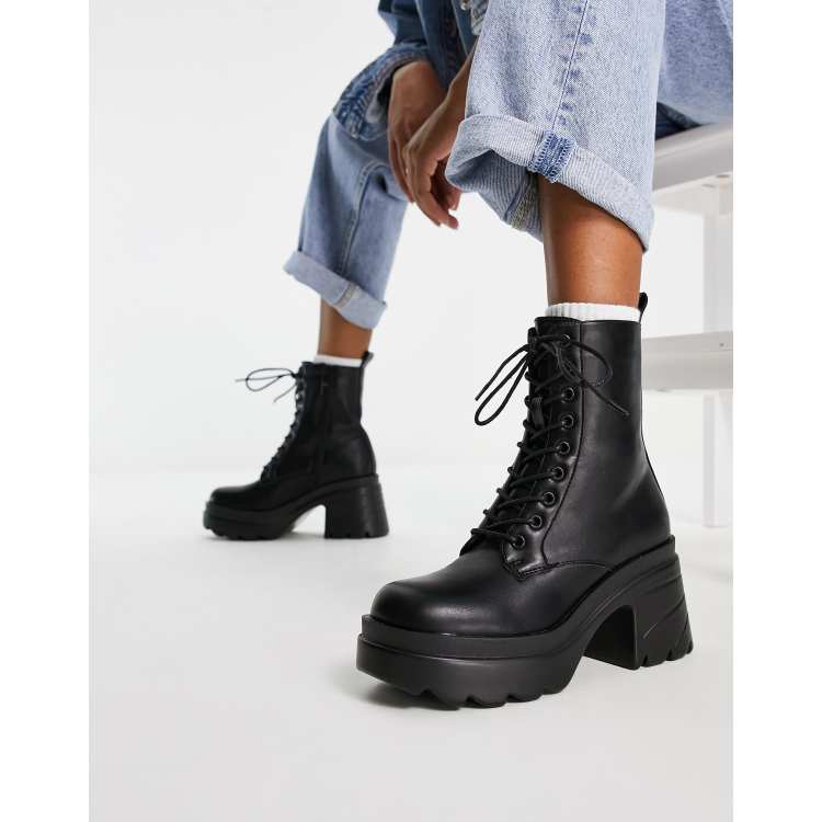 Truffle Collection chunky heeled lace up boots in black