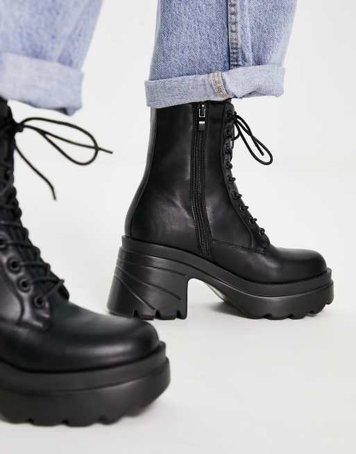 Truffle Collection super chunky lace up boots in black faux leather