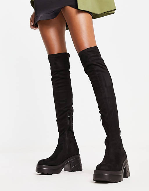 Truffle Collection chunky heeled over the knee boots in black | ASOS