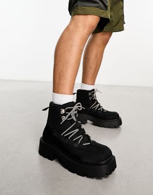 Truffle Collection Wide Fit Chunky Hiker Boots With Bungee Cord Detail In Black