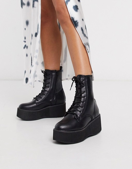 Truffle Collection chunky lace up ankle boot in black
