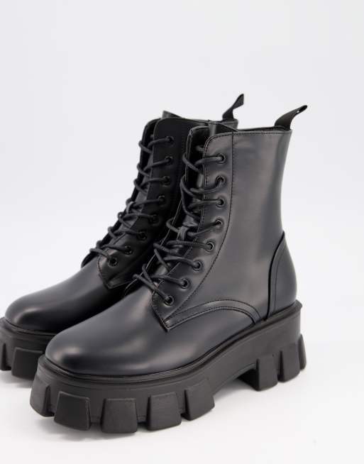 truffle collection chunky lace up boots in black