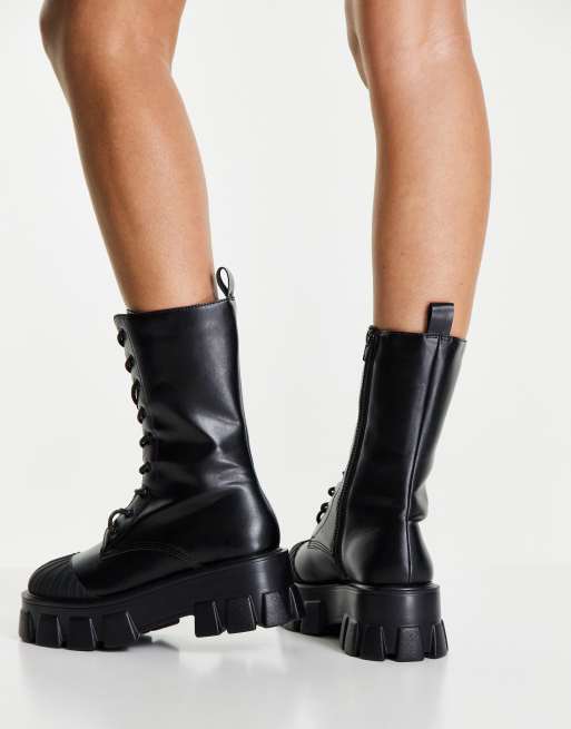 Truffle Collection chunky lace up boots in black with exaggerated sole, 3 of 4