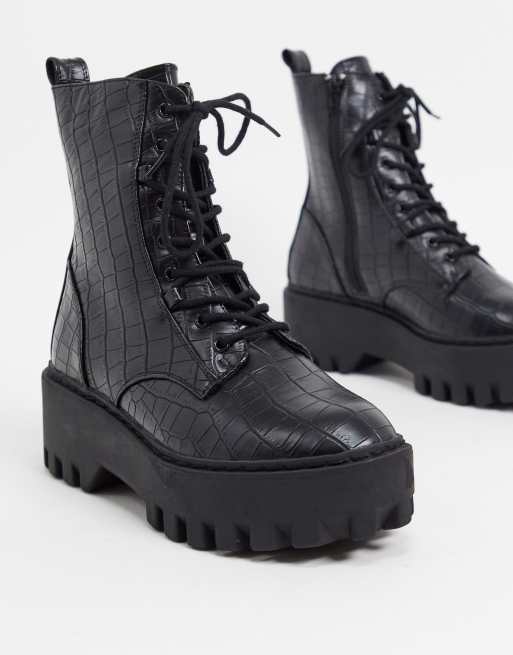 truffle collection chunky lace up boots in black
