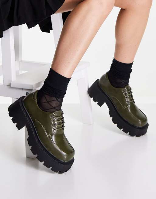 Truffle Collection chunky lace up shoes with exaggerated sole in green, 4 of 4