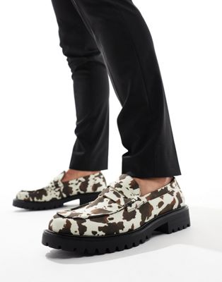 Truffle Collection Chunky Penny Loafers In Cow Print-brown