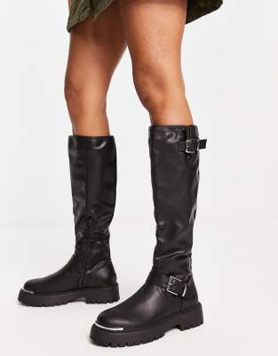 Truffle Collection chunky riding boots in black faux leather