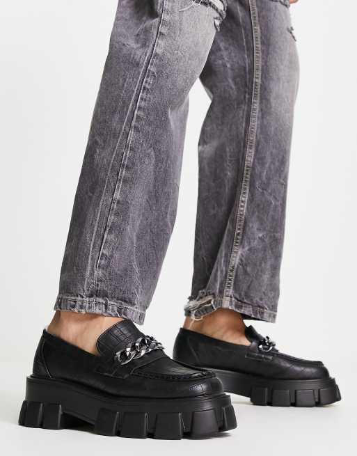 Truffle Collection - Chunky, sorte loafers i imiteret læder med krokokodilletekstur