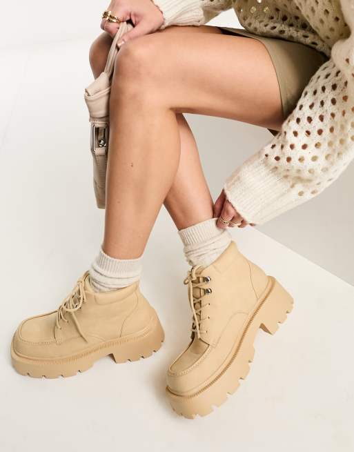 Truffle Collection chunky square toe lace up boots in beige | ASOS