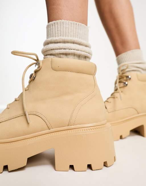 Truffle Collection chunky square toe lace up boots in beige | ASOS