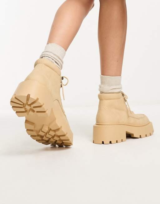 Truffle Collection chunky square toe lace up boots in beige | ASOS