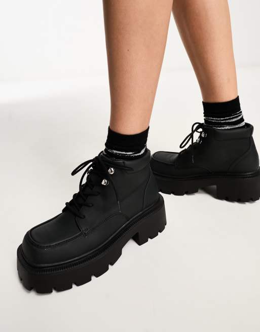 Truffle Collection chunky square toe lace up boots in black | ASOS