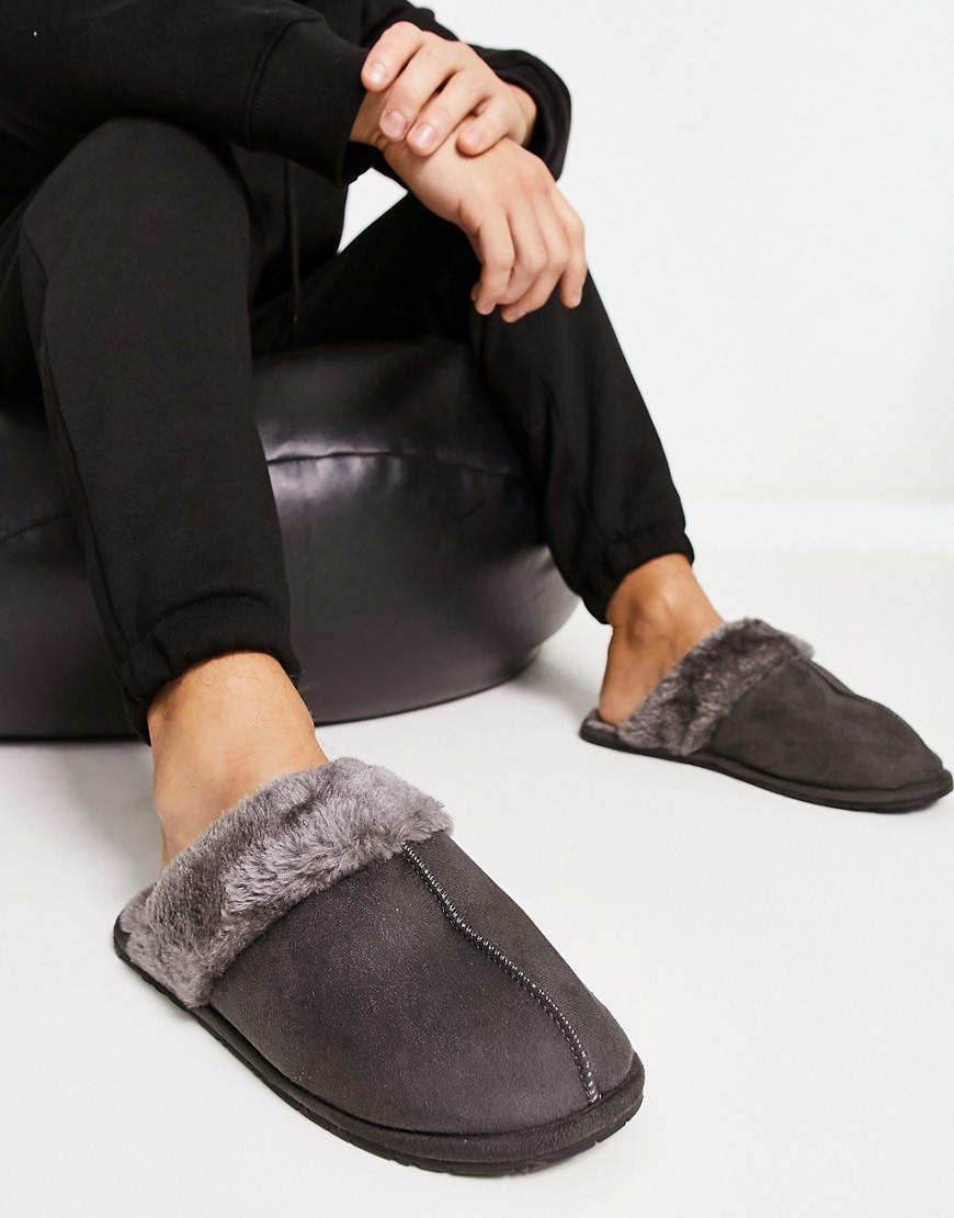 Truffle Collection classic mule slippers in gray with faux fur