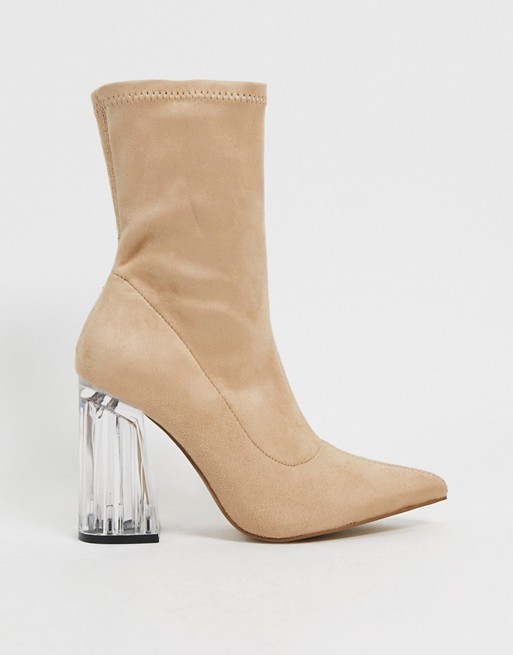 Truffle Collection clear heeled pointed sock boots in beige
