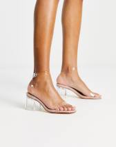 Bershka mid heeled thong sandals with clear strap in camel