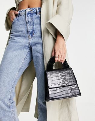 Truffle Collection croc grab tote bag with fur handle in black
