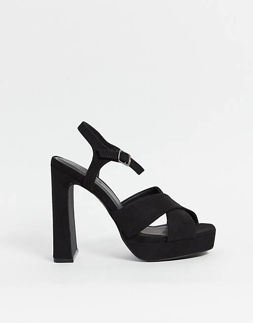 Truffle Collection cross strap platform heeled sandals in black | ASOS
