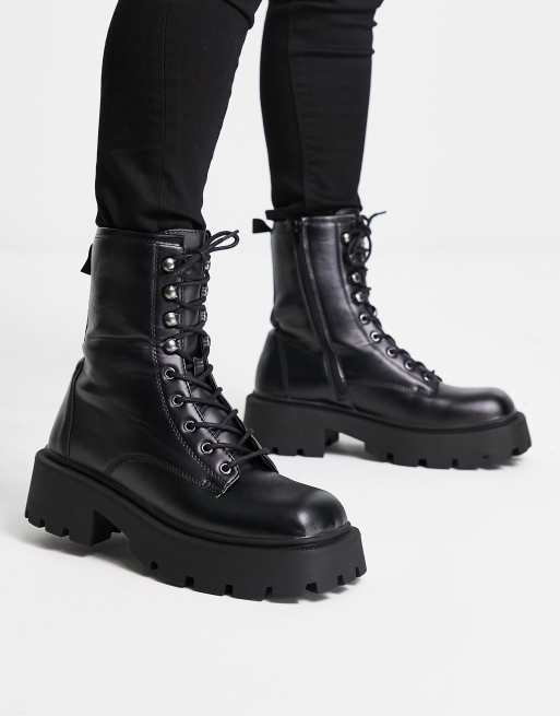 Truffle Collection – Czarne sznurowane buty z kwadratowymi noskami z imitacji skóry na masywnej podeszwie